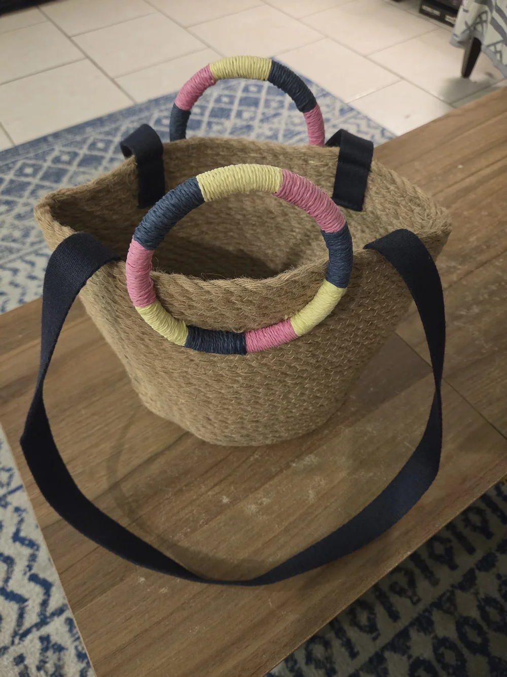 GAP Natural Jute Tote bag with Pink, Yellow & Blue Wrapped Handles
